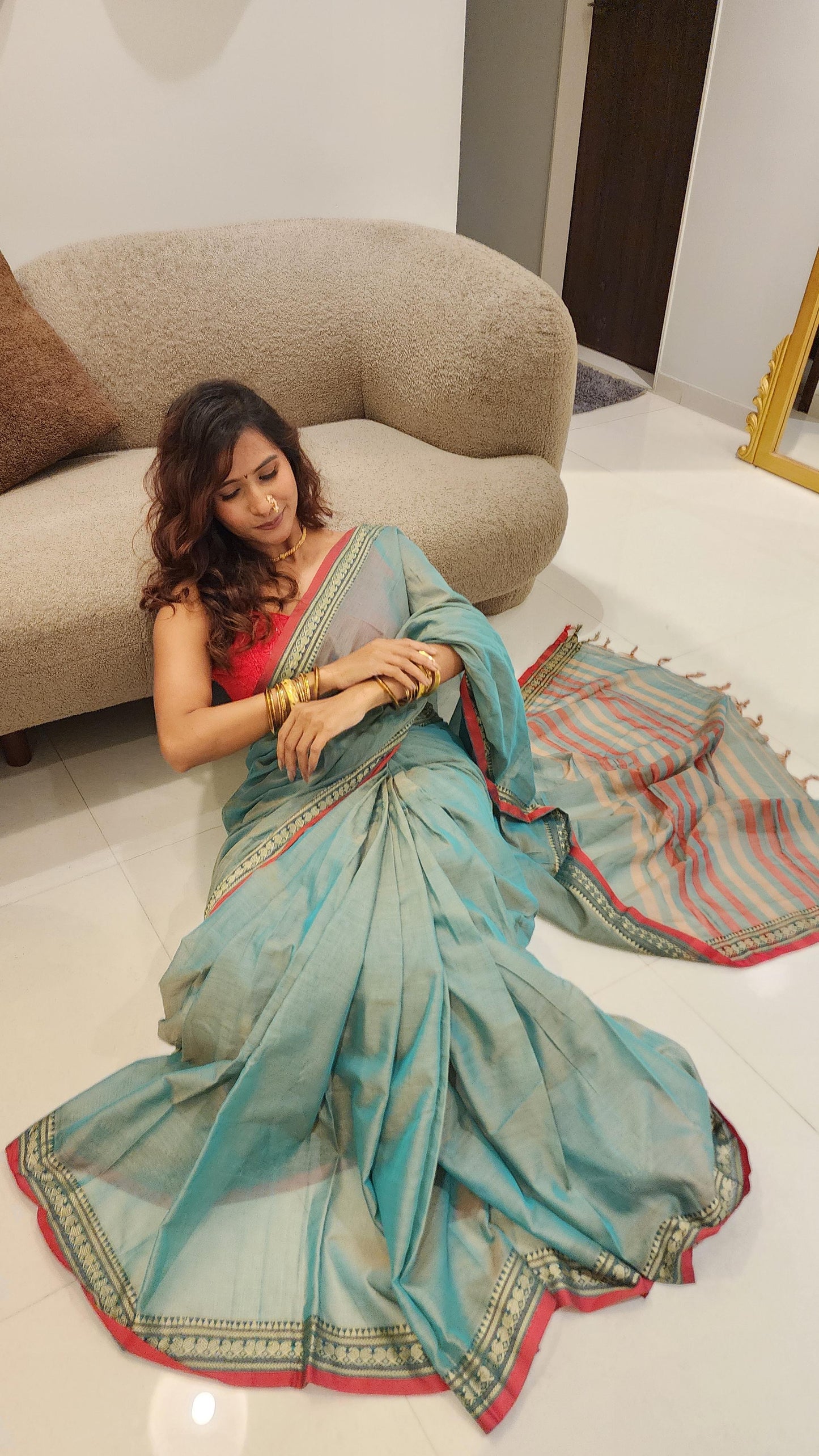 Pista Green Viha Narayanpeth Cotton Saree | With Unstitched Blouse Piece For Women