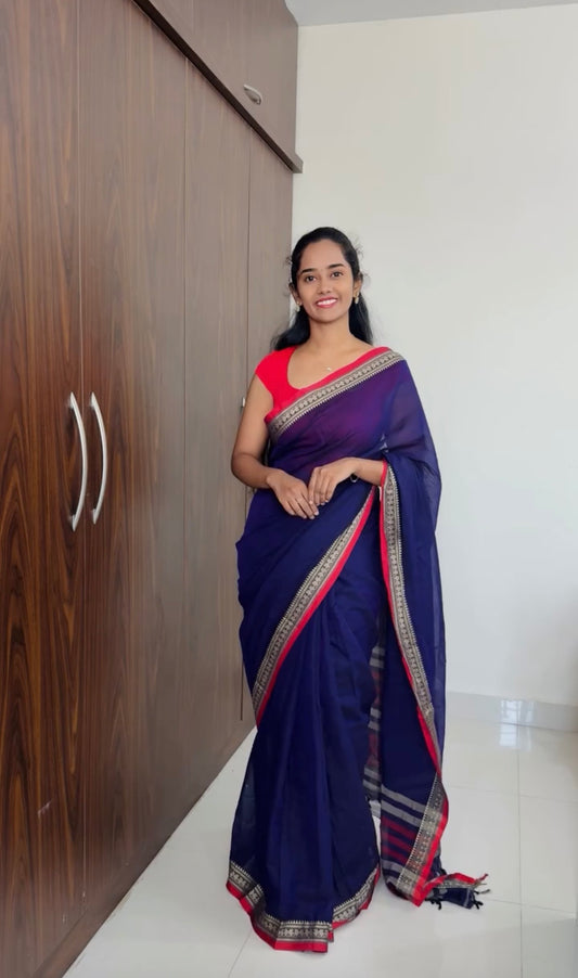 Purple Viha Narayanpeth Cotton Saree | With Unstitched Blouse Piece For Women
