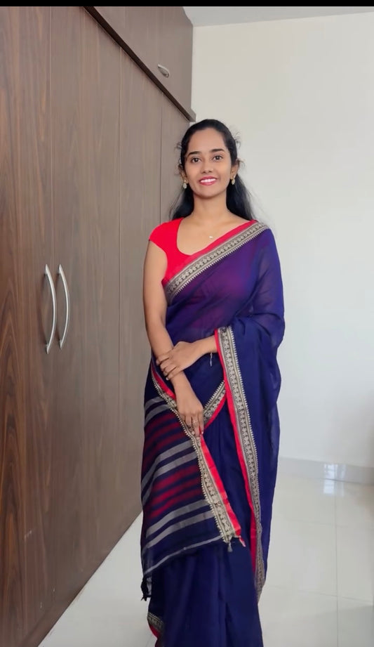 Purple Viha Narayanpeth Cotton Saree | With Unstitched Blouse Piece For Women