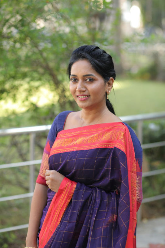 Purple Yukti Big checks Narayanpeth Cotton Saree | With Unstitched Blouse Piece For Women