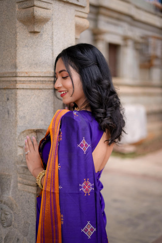 Purple kasuti satin cotton ilkal saree for women | with unstitched blouse