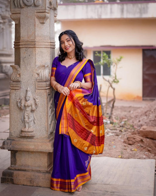 Purple kasuti satin cotton ilkal saree for women | with unstitched blouse