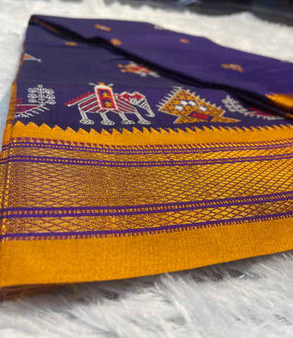Purple kasuti satin cotton ilkal saree for women | with unstitched blouse