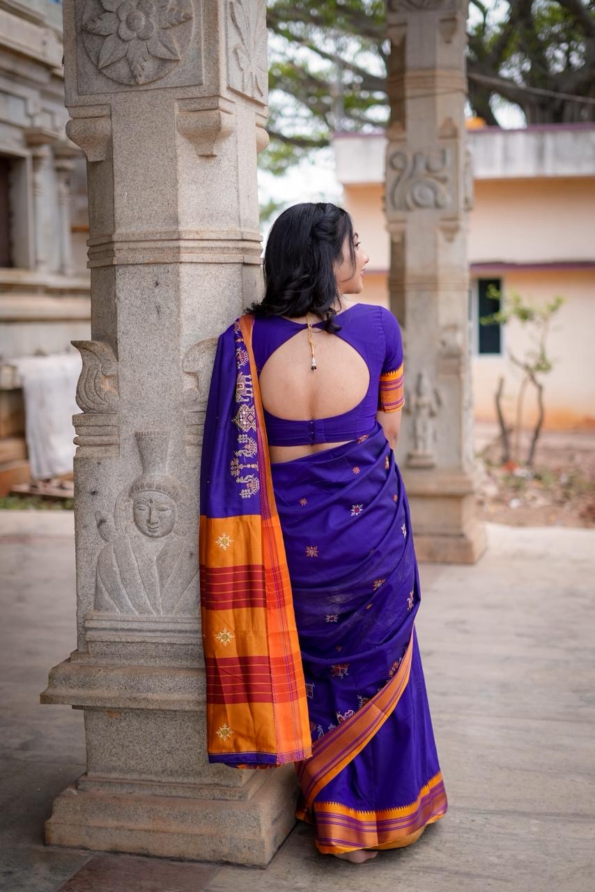 Purple kasuti satin cotton ilkal saree for women | with unstitched blouse