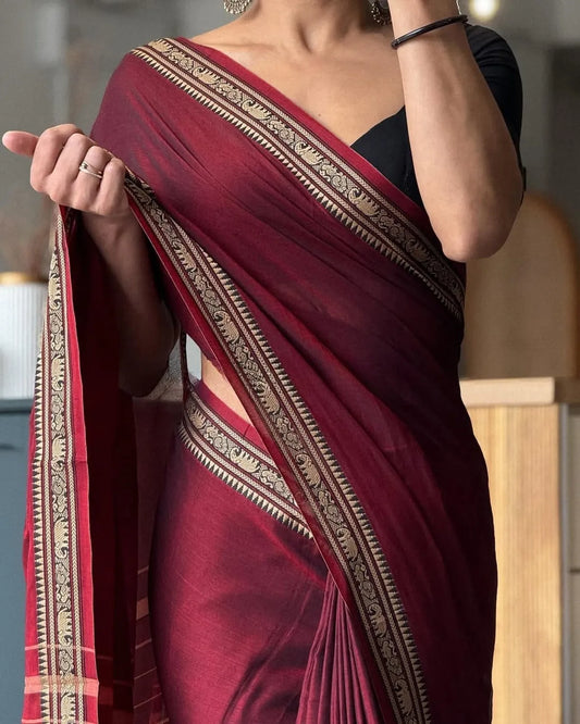 Maroon Adhira Narayanpeth Cotton Saree | With Unstitched Blouse Piece For Women