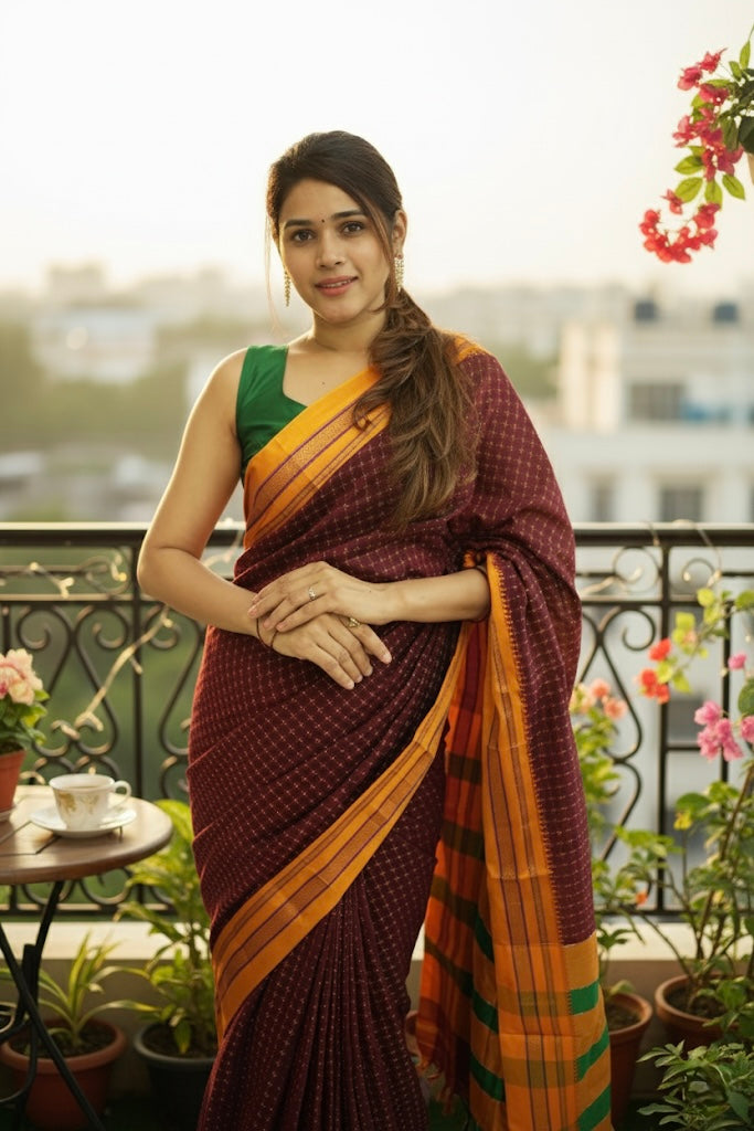 Red Chacolate Star Plus Narayanpeth Cotton Saree | With Unstitched Blouse Piece For Women
