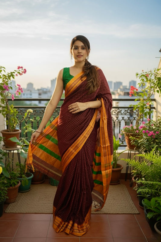 Red Chacolate Star Plus Narayanpeth Cotton Saree | With Unstitched Blouse Piece For Women