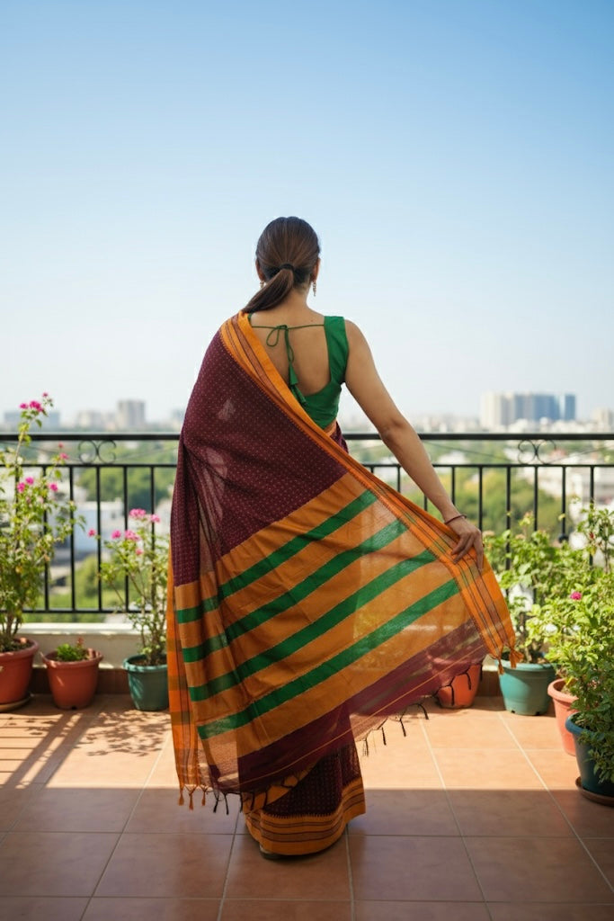 Red Chacolate Star Plus Narayanpeth Cotton Saree | With Unstitched Blouse Piece For Women