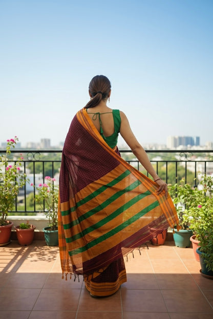 Red Chacolate Star Plus Narayanpeth Cotton Saree | With Unstitched Blouse Piece For Women