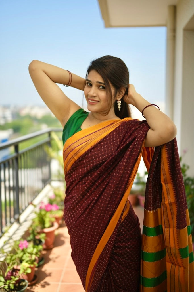 Red Chacolate Star Plus Narayanpeth Cotton Saree | With Unstitched Blouse Piece For Women