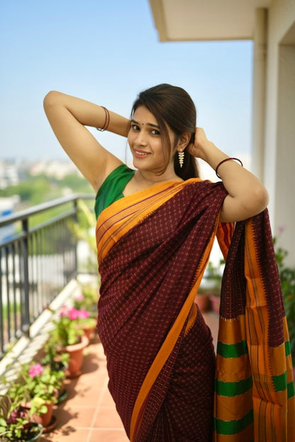 Red Chacolate Star Plus Narayanpeth Cotton Saree | With Unstitched Blouse Piece For Women