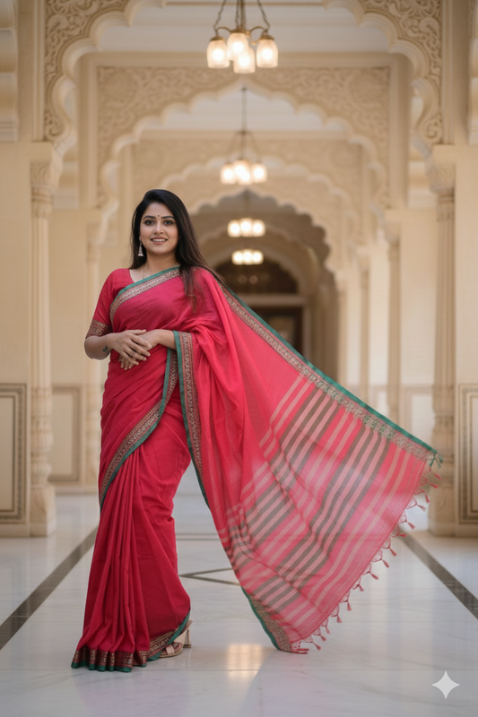 Red Viha Narayanpeth Cotton Saree | With Unstiched Blouse Piece For Women