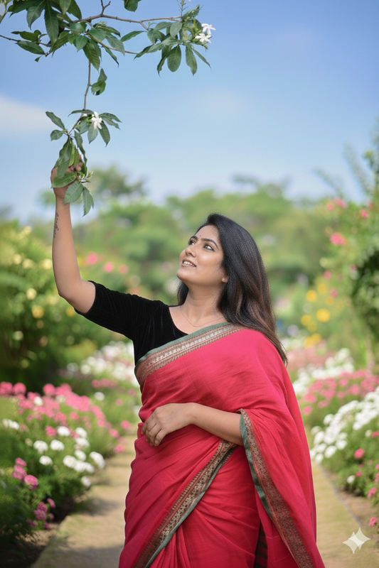 Red Viha Narayanpeth Cotton Saree | With Unstiched Blouse Piece For Women
