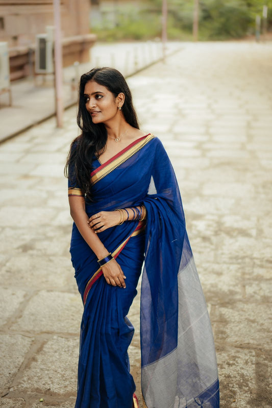 Royal Blue Akira Narayanpeth Cotton Saree | With Unstitched Blouse Piece For Women