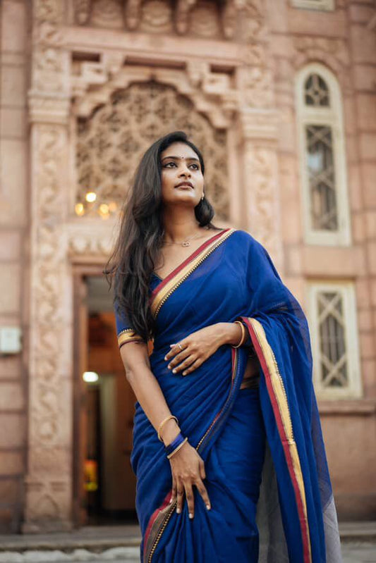 Royal Blue Akira Narayanpeth Cotton Saree | With Unstitched Blouse Piece For Women