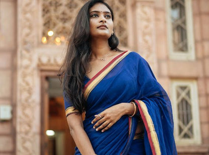 Royal Blue Akira Narayanpeth Cotton Saree | With Unstitched Blouse Piece For Women