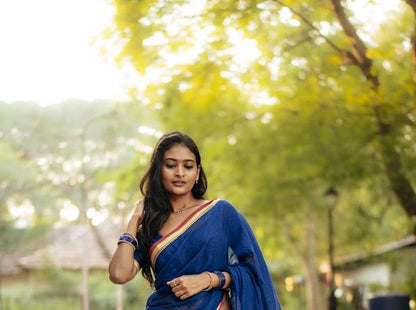 Royal Blue Akira Narayanpeth Cotton Saree | With Unstitched Blouse Piece For Women
