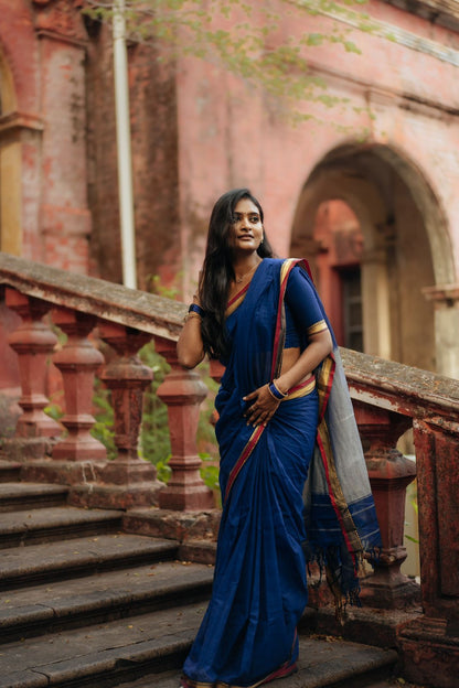 Royal Blue Akira Narayanpeth Cotton Saree | With Unstitched Blouse Piece For Women