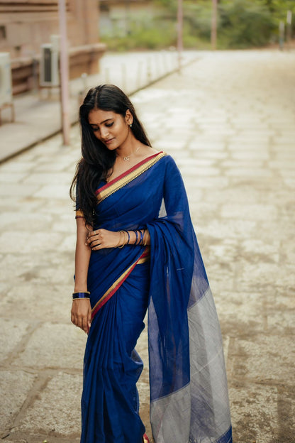 Royal Blue Akira Narayanpeth Cotton Saree | With Unstitched Blouse Piece For Women