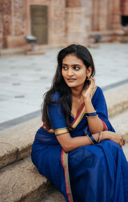 Royal Blue Akira Narayanpeth Cotton Saree | With Unstitched Blouse Piece For Women