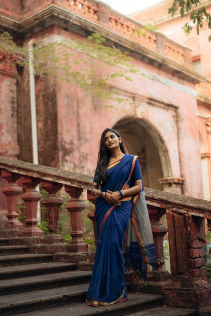 Royal Blue Akira Narayanpeth Cotton Saree | With Unstitched Blouse Piece For Women