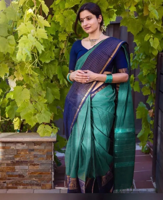 Teal Green Nalini Narayanpeth Cotton Saree | With Unstitched Blouse Piece For Women