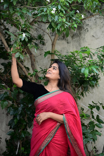 Red Viha Narayanpeth Cotton Saree | With Unstitched Blouse Piece For Women