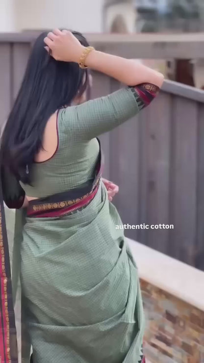 Dual shade Green Soumya  Narayanpeth Cotton Saree | With Unstitched Blouse Piece For Women
