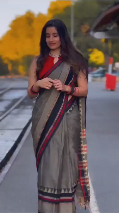 Charcoal grey  Divya Narayanpeth Cotton Saree | With Unstitched running  Blouse Piece For Women