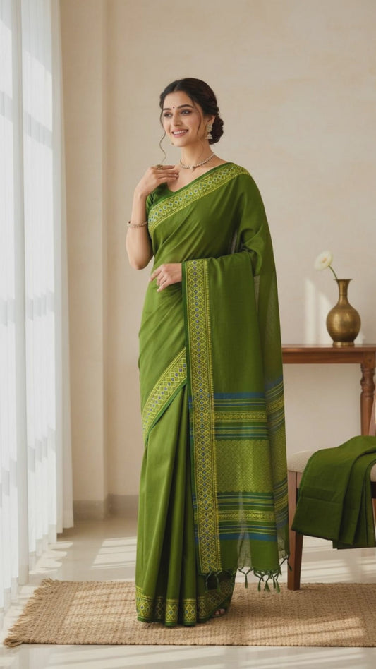 Green Siya Pure Cotton Saree | With Unstitched Blouse Piece For Women